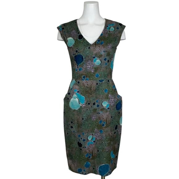 Lela Rose Lagoon Print Canvas Dress 4 Blue Cap Sleeve Sheath V-Neck Quiet Luxury - Picture 1 of 12